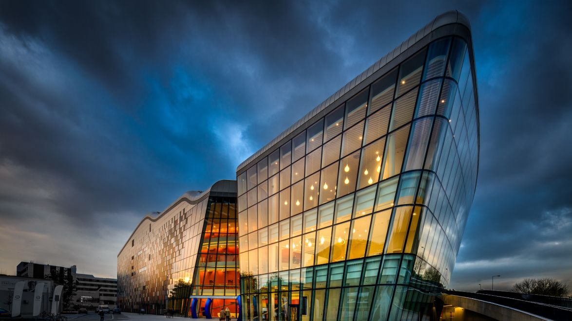 ICE Kraków Congress Centre exterior at dusk